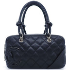Chanel Handbag Cambon Line Mini Bowling Black Pink Lambskin Silver