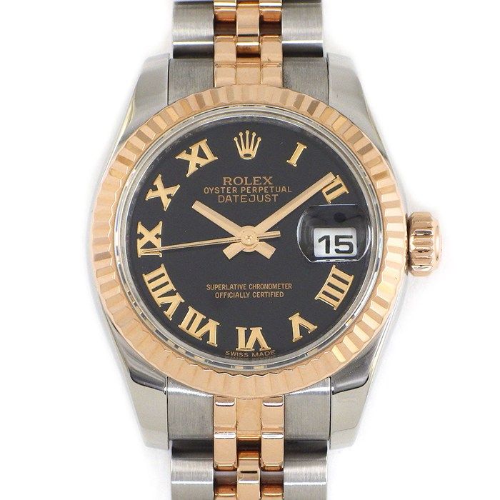 Rolex Watch Datejust Roulett Black Dial Roman Index Date 18k Pink Gold SS