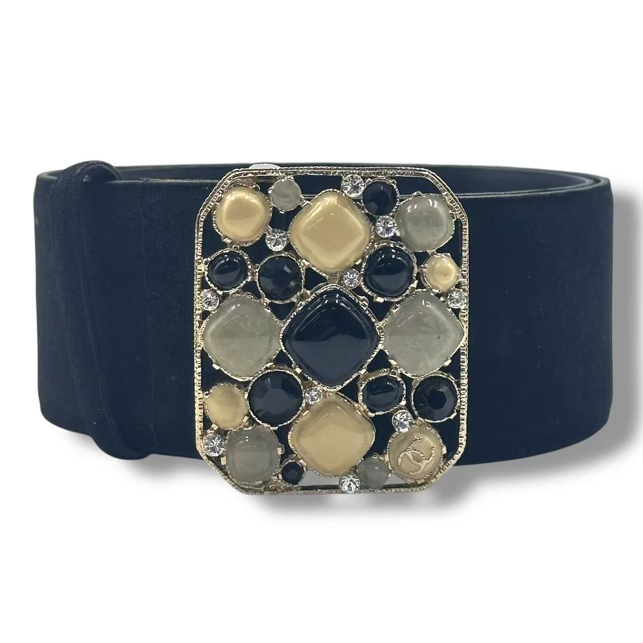 Chanel Gripoix Belt Rhinestone Suede Black