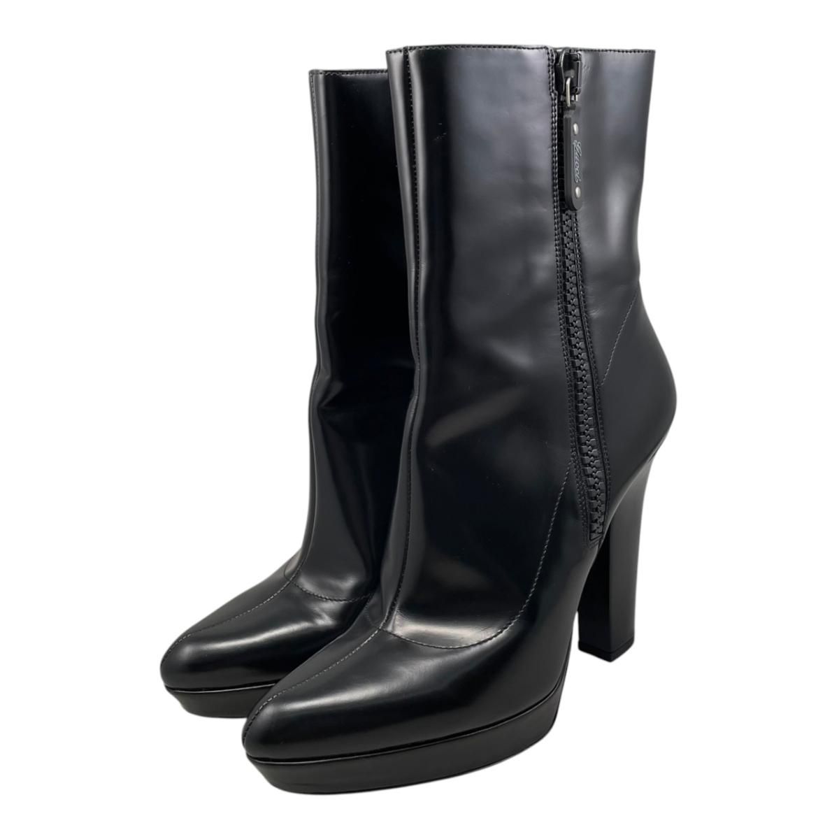 Gucci Ankle Boots Side Zip Heels 39 Leather Logo Black