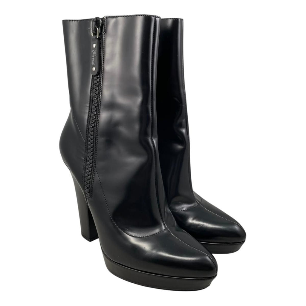 Gucci Ankle Boots Side Zip Heels 39 Leather Logo Black — view 2