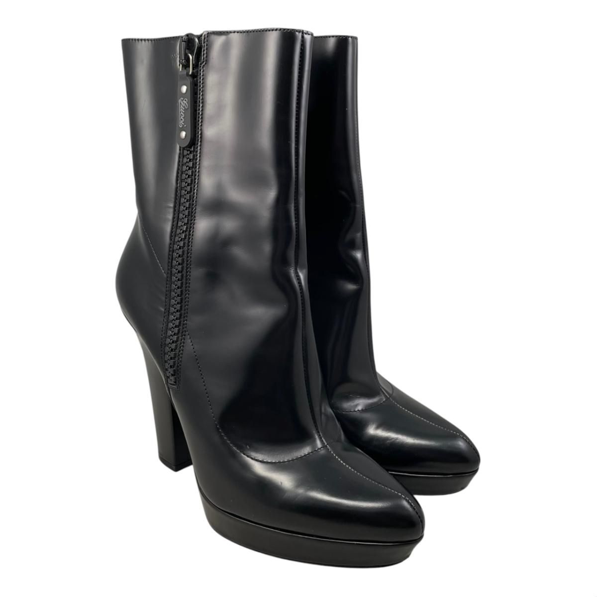 Gucci Ankle Boots Side Zip Heels 39 Leather Logo Black — view 2