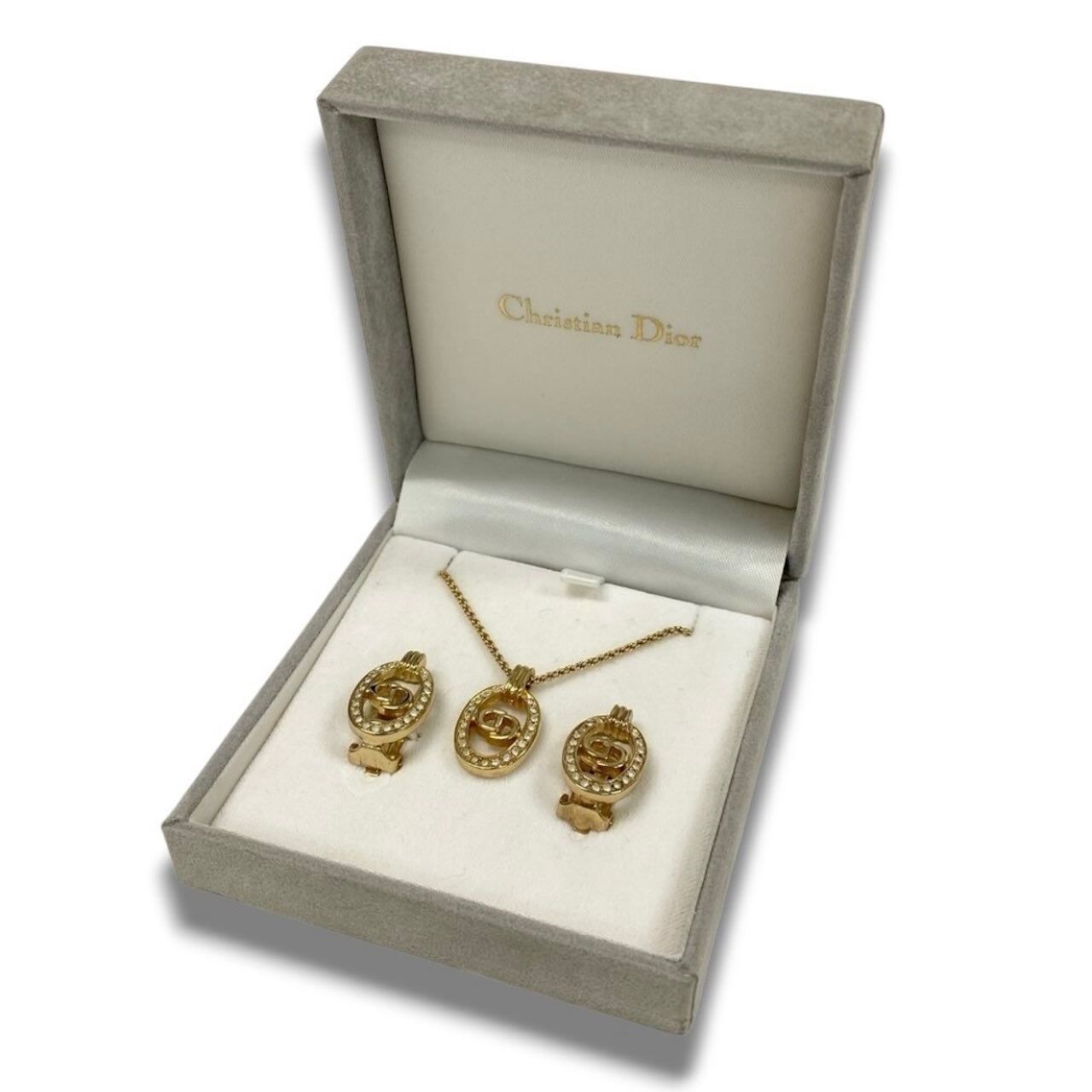 Dior Vintage Rhinestone CD Logo Necklace &earrings Set Yellow Gold Metal