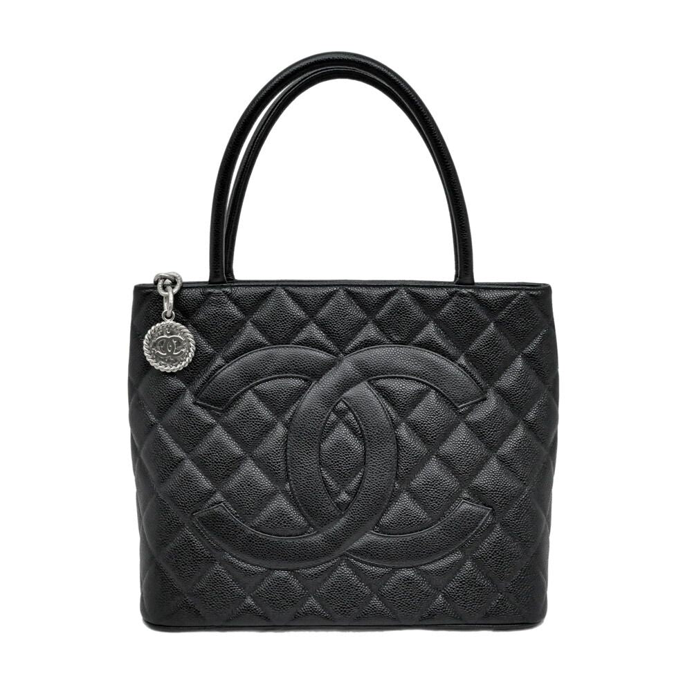 Chanel Quilted Reissue Tote Black Silver Caviar Leather Handbag CC Logo