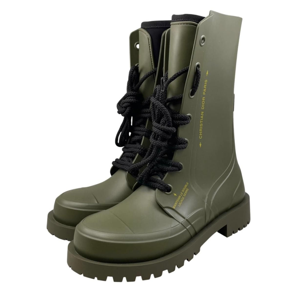 Dior Rain Boots Lace Up 35 Rubber Logo Green Black