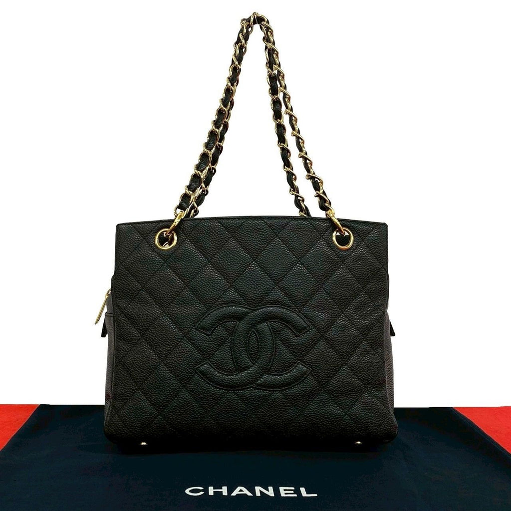 Chanel And Quilted CC Logo Caviar Leather Shoulder Bag Tote Black