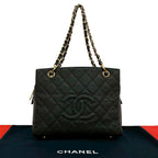 Chanel And Quilted CC Logo Caviar Leather Shoulder Bag Tote Black