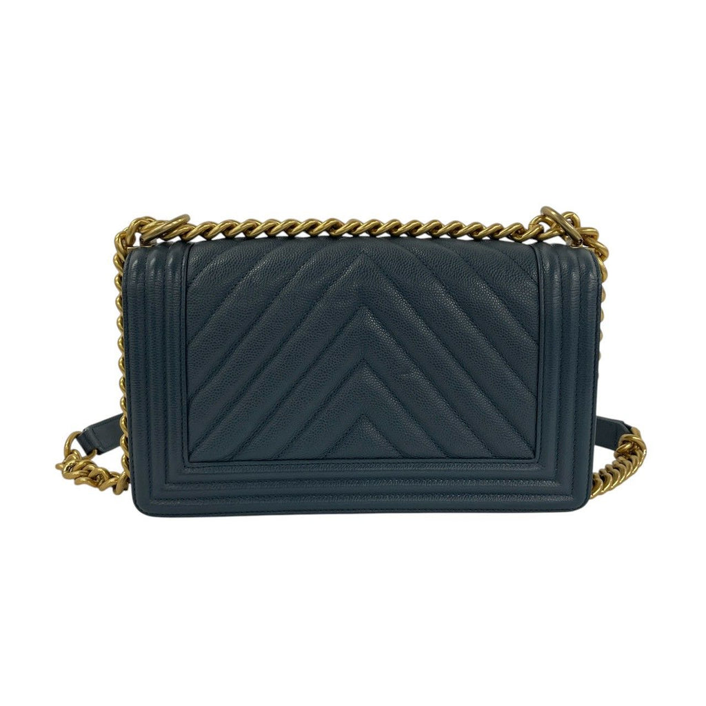 Chanel Boy CC Logo Caviar Leather Chain Shoulder Bag Blue Gray — view 3