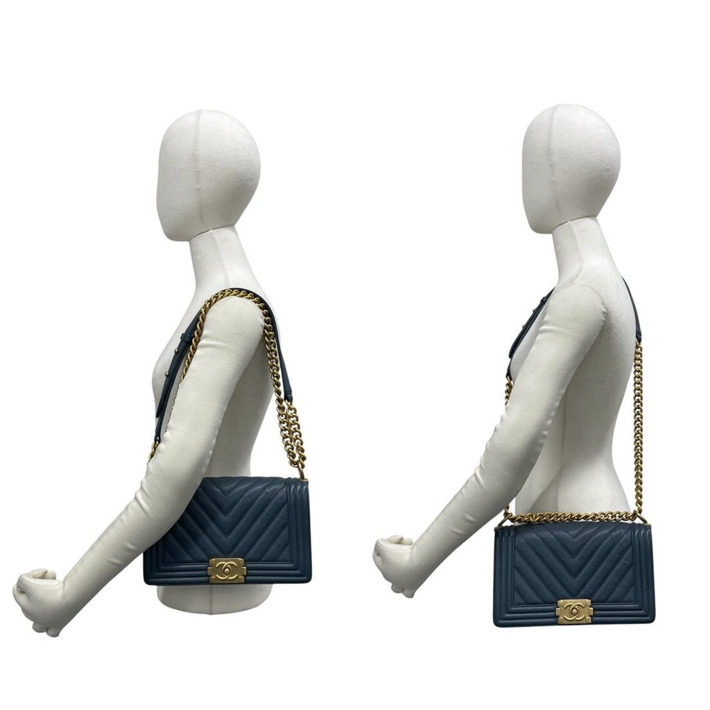 Chanel Boy CC Logo Caviar Leather Chain Shoulder Bag Blue Gray — view 2