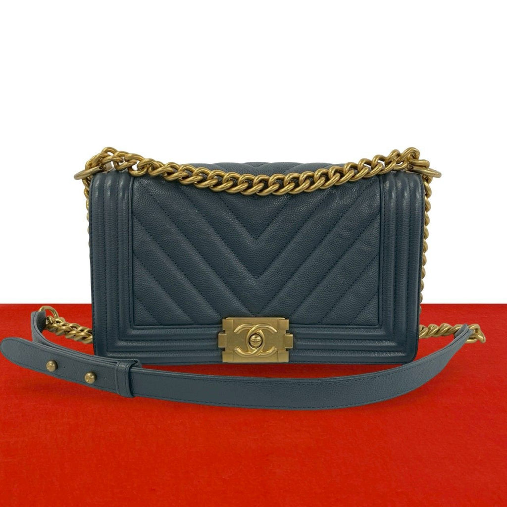 Chanel Boy CC Logo Caviar Leather Chain Shoulder Bag Blue Gray