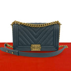 Chanel Boy CC Logo Caviar Leather Chain Shoulder Bag Blue Gray