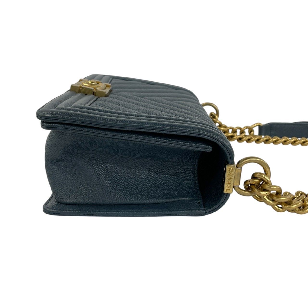 Chanel Boy CC Logo Caviar Leather Chain Shoulder Bag Blue Gray — view 6