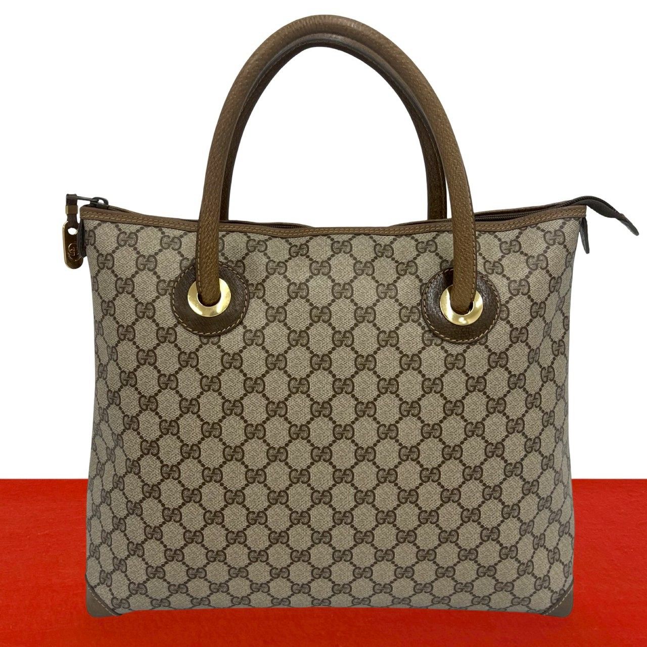 Gucci Vintage GG Pattern Logo Leather Tote Brown