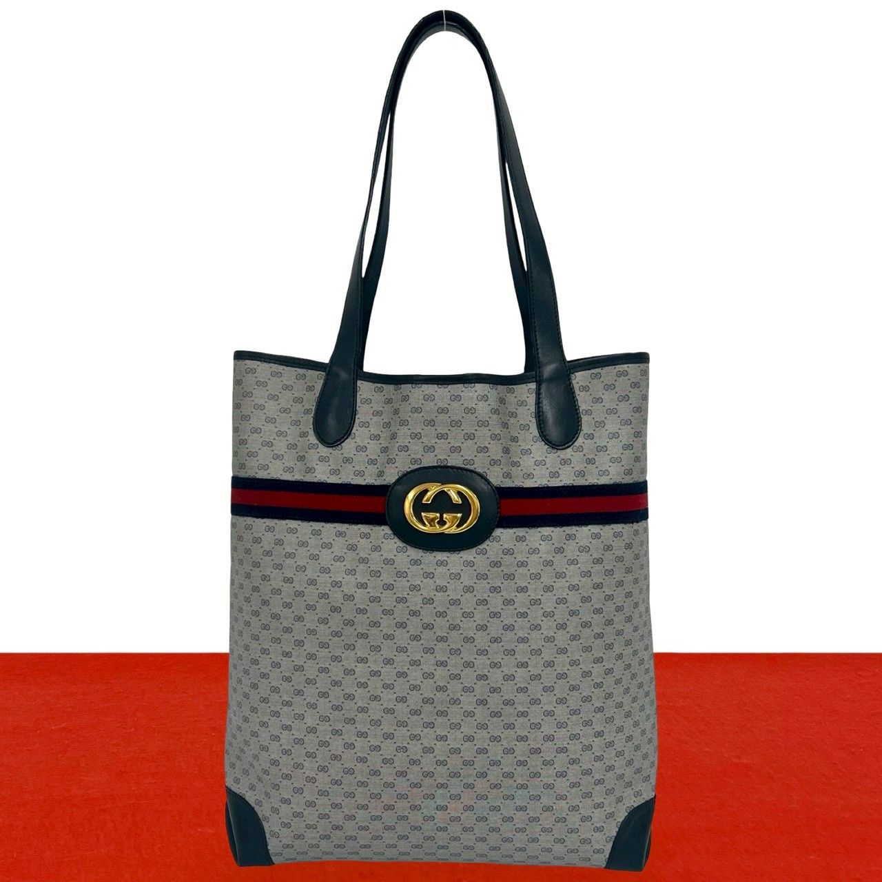 Gucci Vintage Sherry Line GG Logo Leather Tote Navy