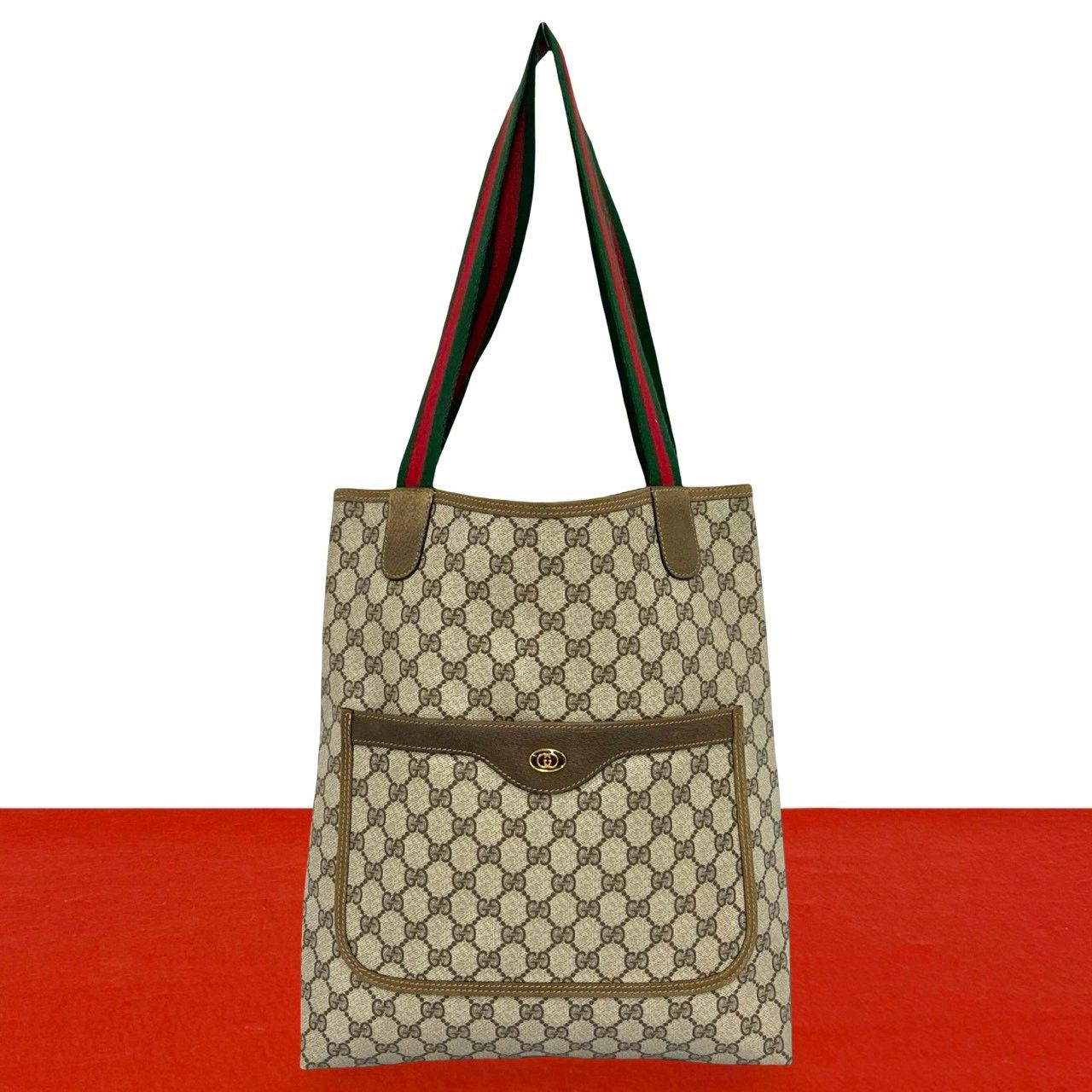 Gucci Vintage Sherry Line GG Logo Leather Tote Brown