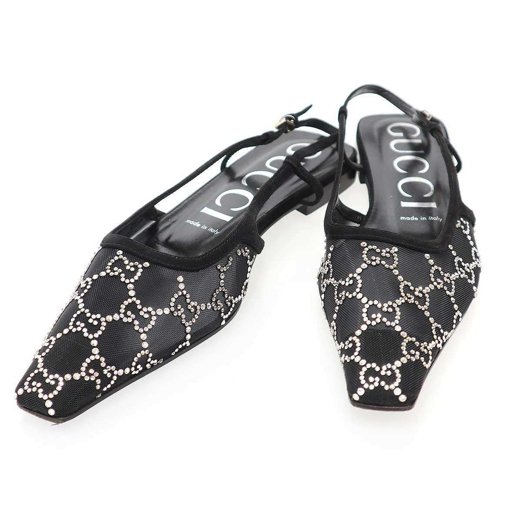 Gucci GG Rhinestone Mesh Sling Back Shoes Black