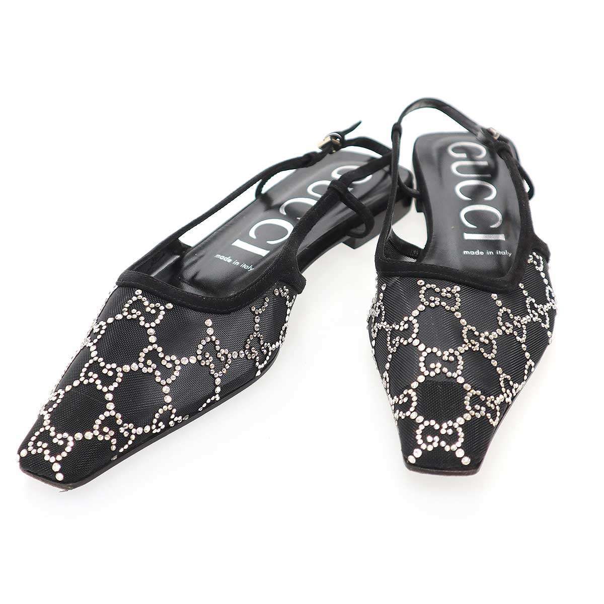 Gucci GG Rhinestone Mesh Sling Back Shoes Black