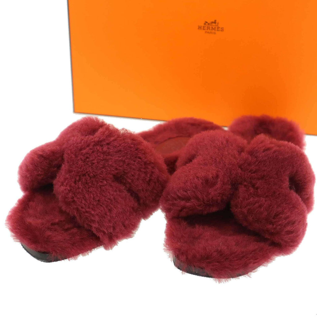 Hermes Oran Sandals Shearling Fur Burgundy