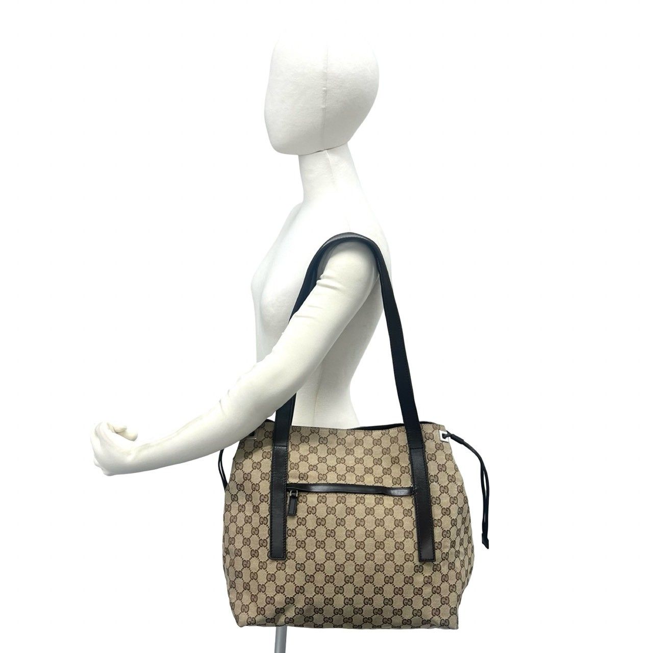 Gucci GG Canvas Logo Pattern Leather Tote Shoulder Bag Brown — view 2