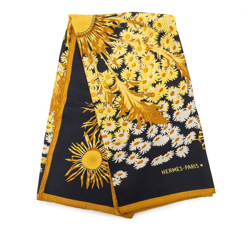 Hermes Carre 90 Fleurs Et Carlines Sunflower Bouquet Scarf Large Black Multicolo — view 2