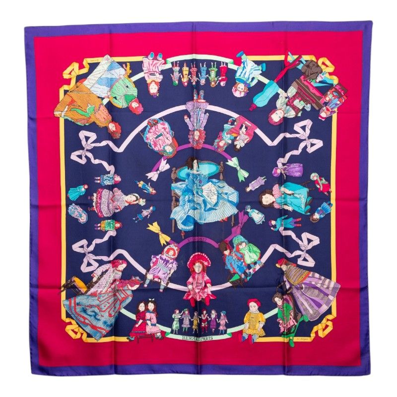 Hermes Carre 90 Hello Dolly Doll Scarf Large Purple Multicolor Silk