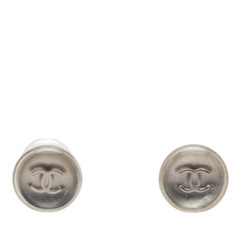 Chanel CC Logo Stud Earrings Silver Clear Metal