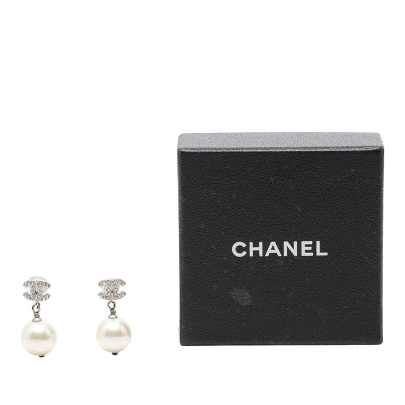 Chanel CC Logo Stud Earrings Silver Pearl Rhinestone Metal — view 4