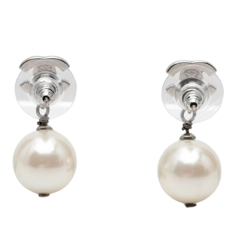 Chanel CC Logo Stud Earrings Silver Pearl Rhinestone Metal — view 2