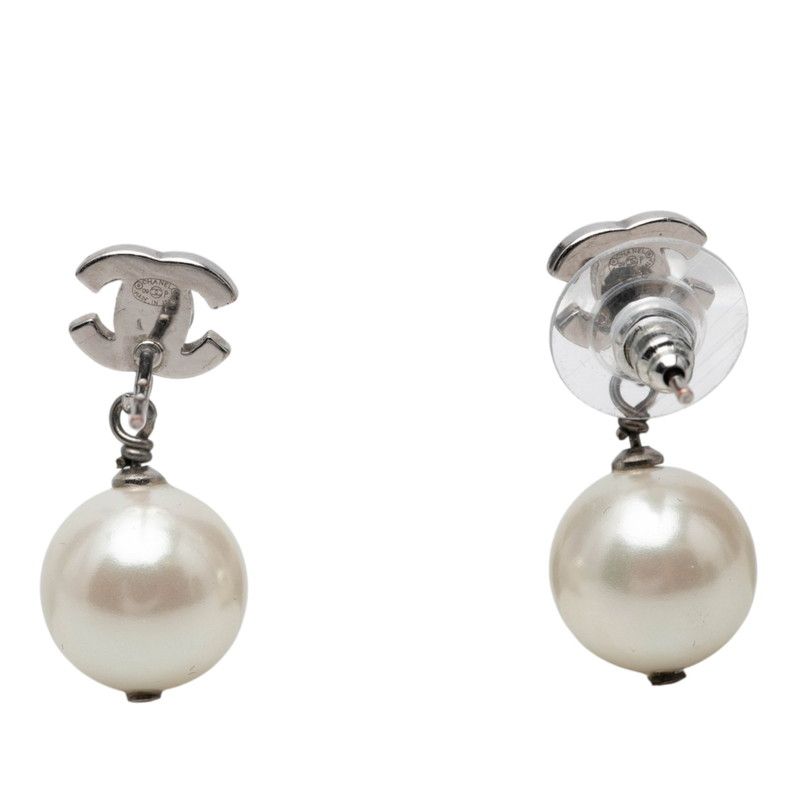 Chanel CC Logo Stud Earrings Silver Pearl Rhinestone Metal — view 3