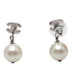 Chanel CC Logo Stud Earrings Silver Pearl Rhinestone Metal — view 3