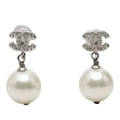 Chanel CC Logo Stud Earrings Silver Pearl Rhinestone Metal