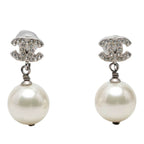 Chanel CC Logo Stud Earrings Silver Pearl Rhinestone Metal