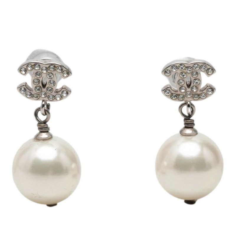 Chanel CC Logo Stud Earrings Silver Pearl Rhinestone Metal