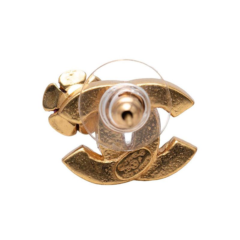 Chanel CC Logo Camellia Stud Earrings Gold Multicolor Plated — view 3