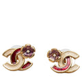 Chanel CC Logo Camellia Stud Earrings Gold Multicolor Plated