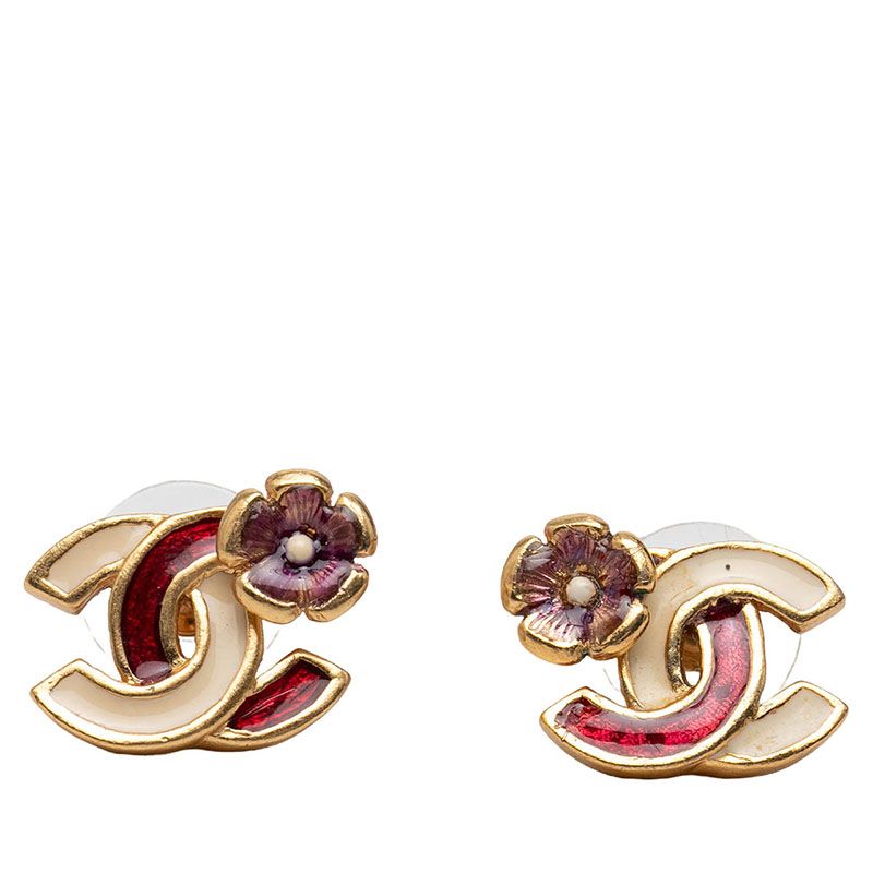 Chanel CC Logo Camellia Stud Earrings Gold Multicolor Plated