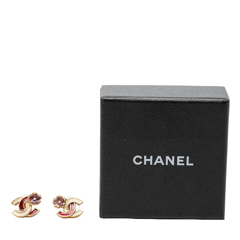 Chanel CC Logo Camellia Stud Earrings Gold Multicolor Plated — view 4