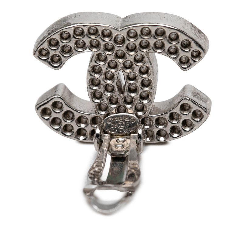 Chanel CC Logo Perforated Earrings Silver Metal — view 3
