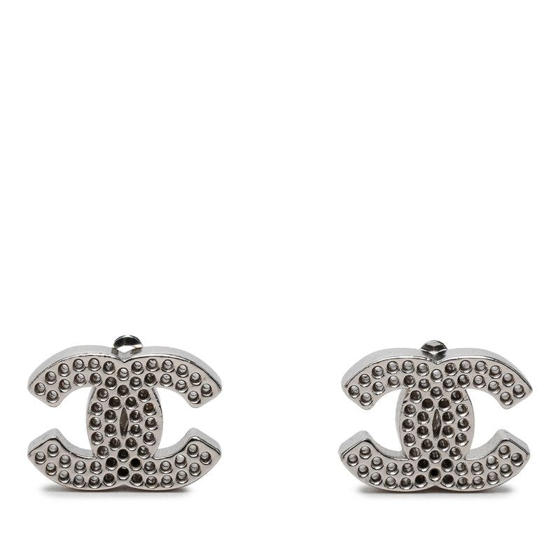 Chanel CC Logo Perforated Earrings Silver Metal