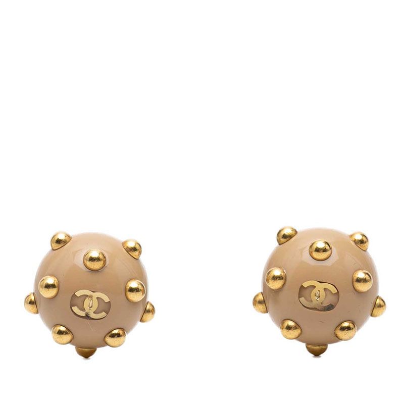 Chanel CC Logo Vintage Earrings Gold Beige Plated