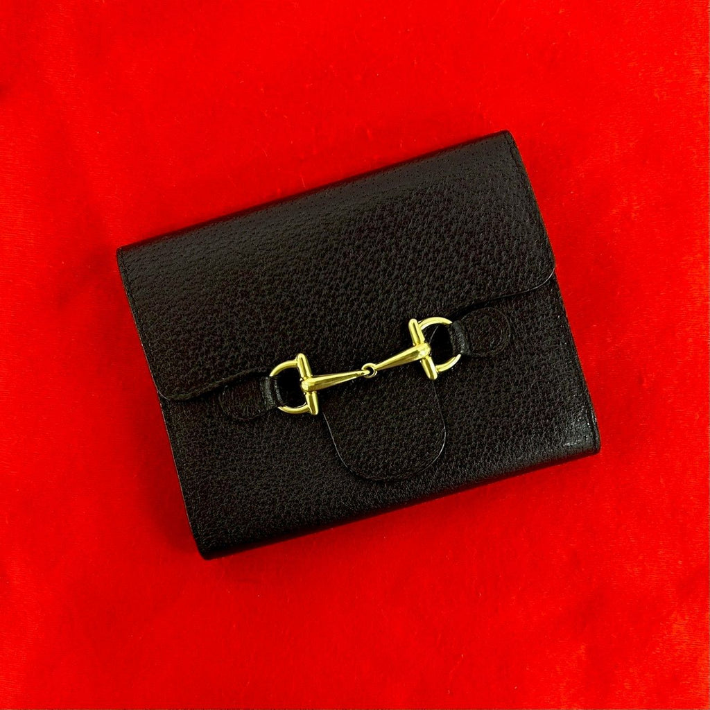 Gucci Horsebit Leather Trifold Wallet Bill Purse Coin Card Case Black