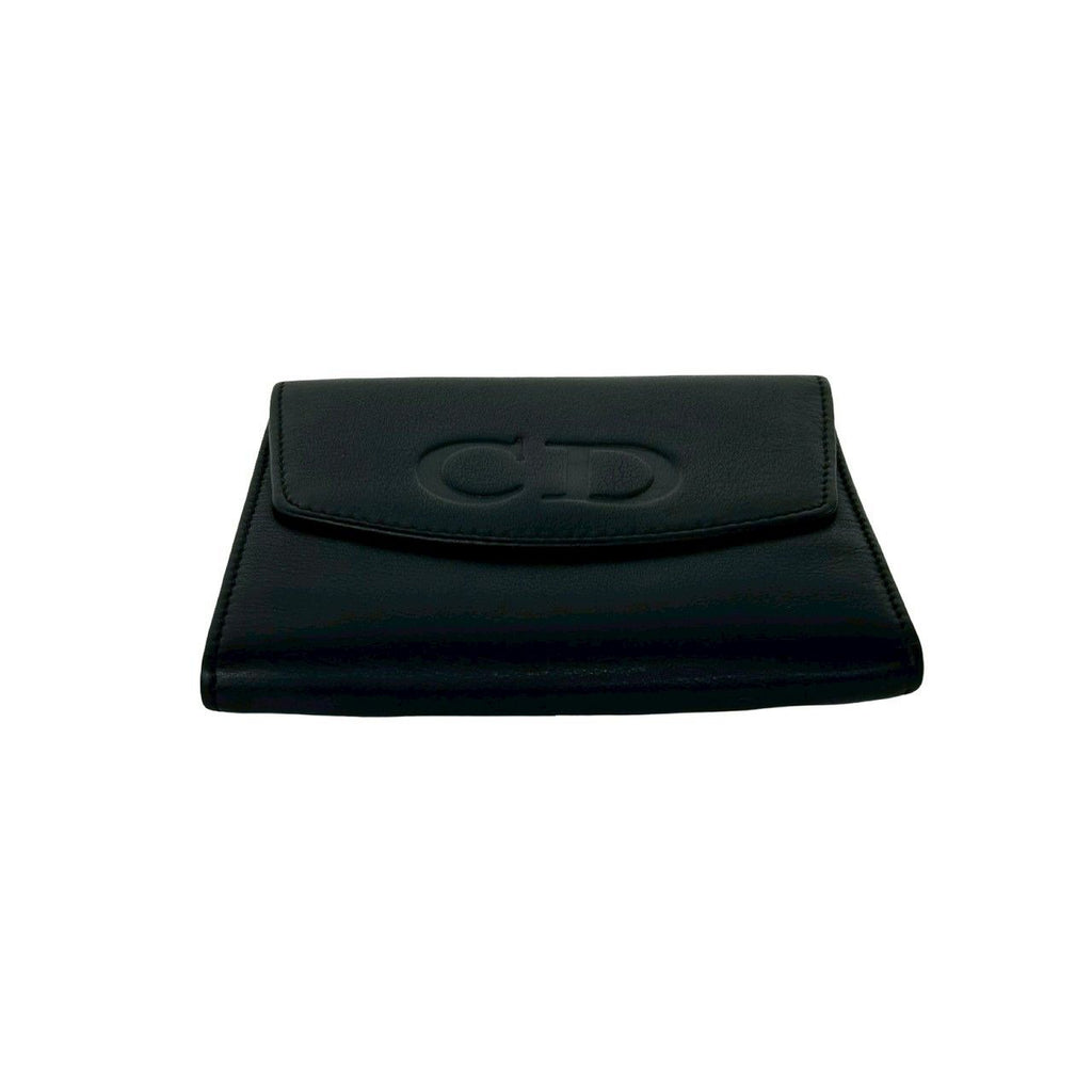 Dior Vintage CD Logo Leather Kiss Lock Trifold Wallet Black — view 6