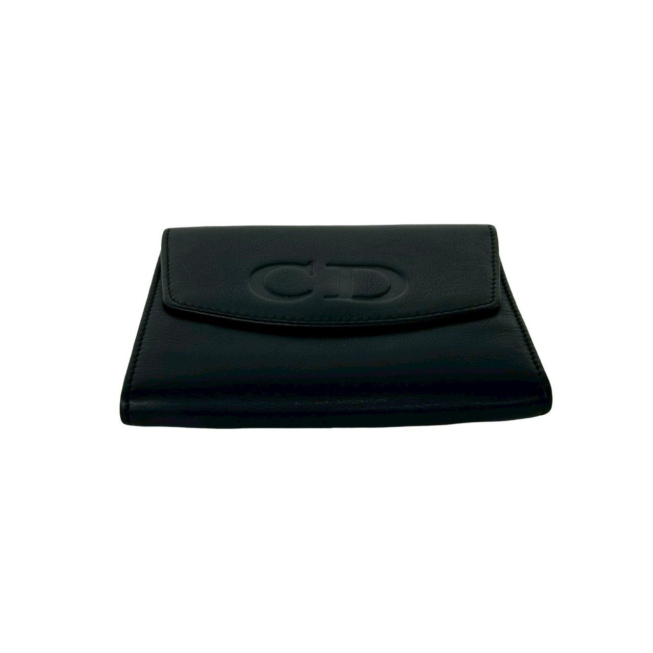 Dior Vintage CD Logo Leather Kiss Lock Trifold Wallet Black — view 6
