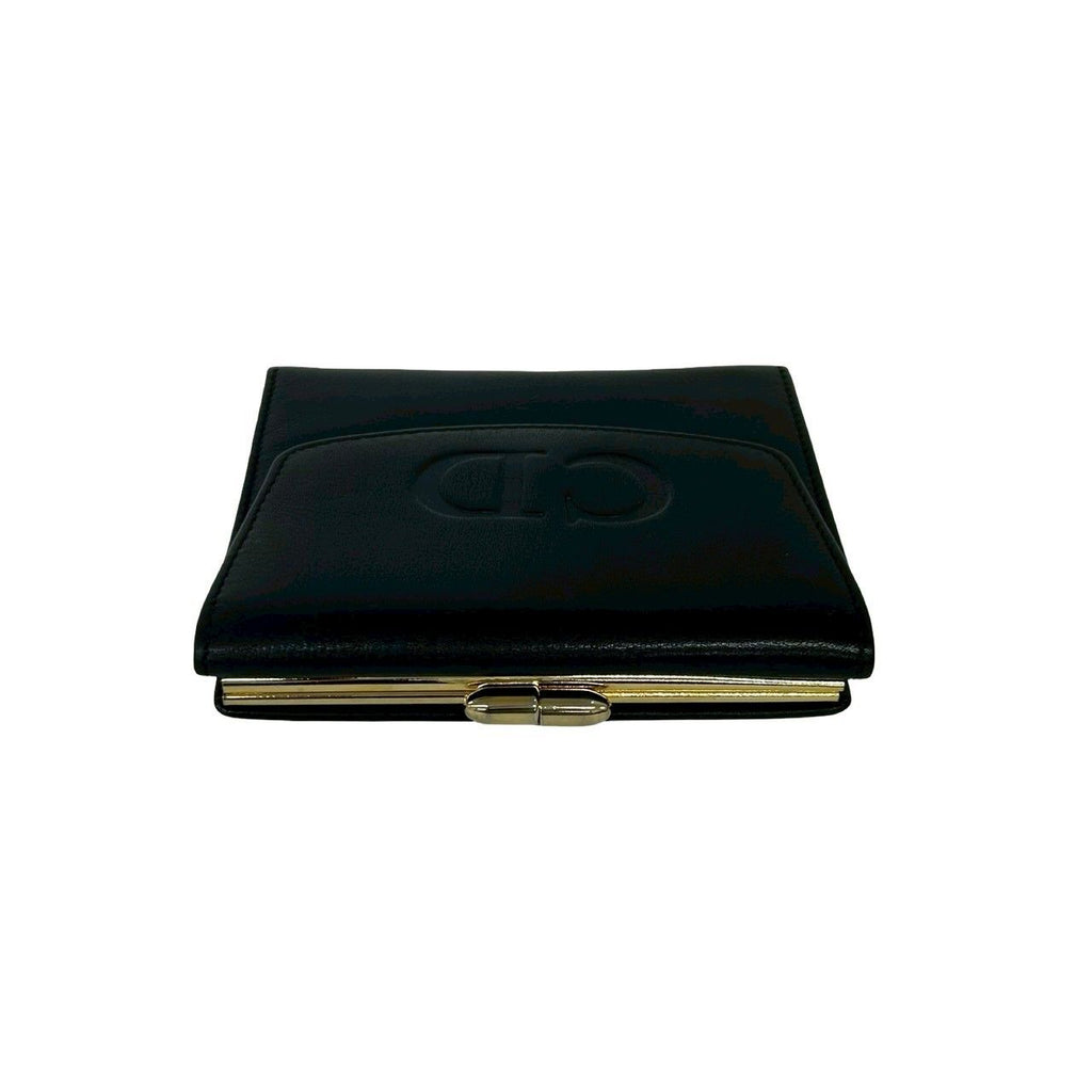 Dior Vintage CD Logo Leather Kiss Lock Trifold Wallet Black — view 3