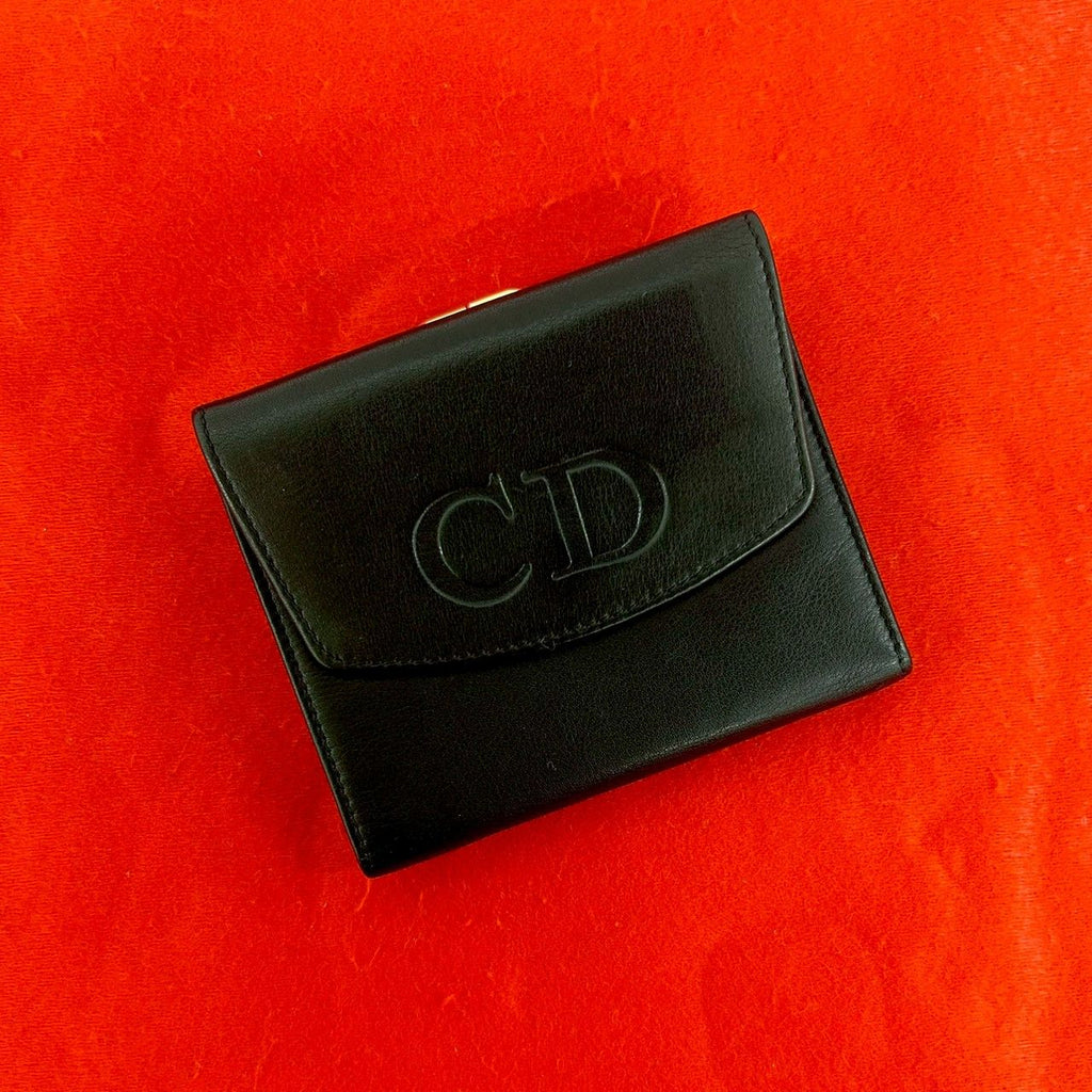 Dior Vintage CD Logo Leather Kiss Lock Trifold Wallet Black