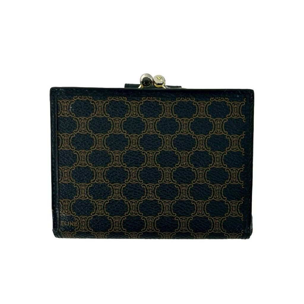 Celine Vintage Macadam Blason Pattern Leather Kiss Lock Bifold Wallet Black — view 2