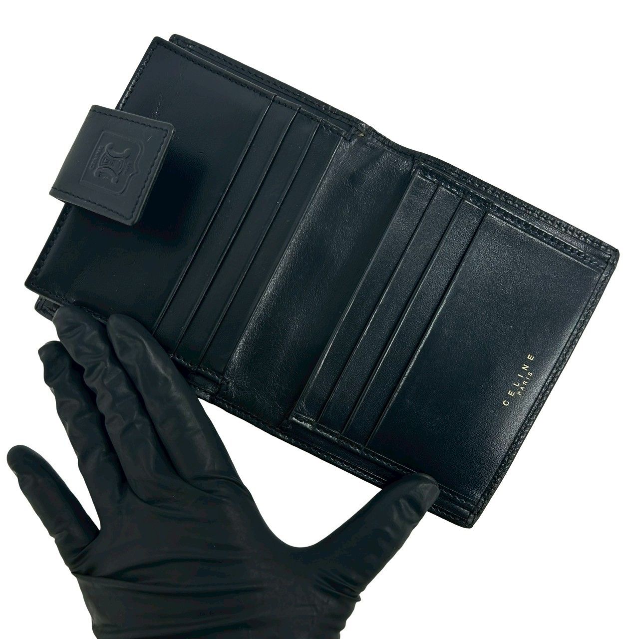 Celine Vintage Macadam Blason Pattern Leather Kiss Lock Bifold Wallet Black — view 7