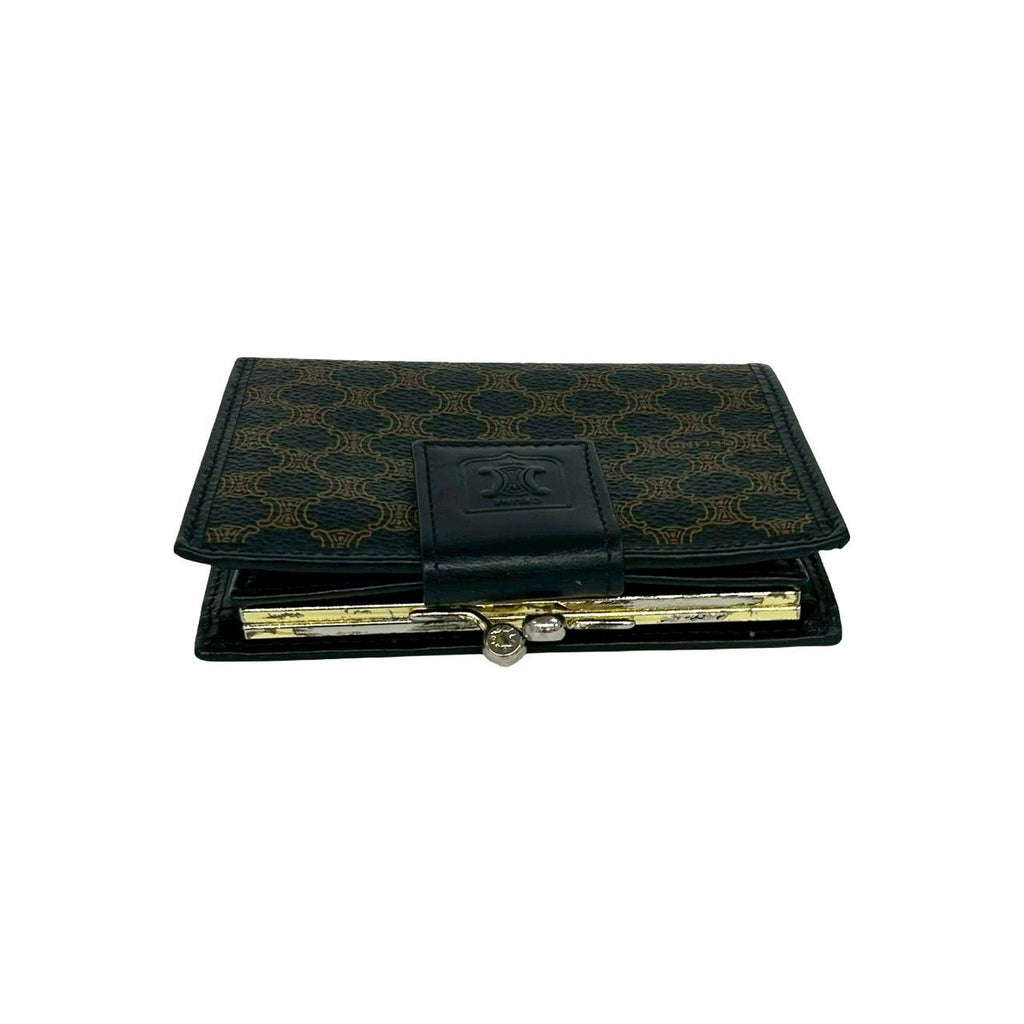 Celine Vintage Macadam Blason Pattern Leather Kiss Lock Bifold Wallet Black — view 3