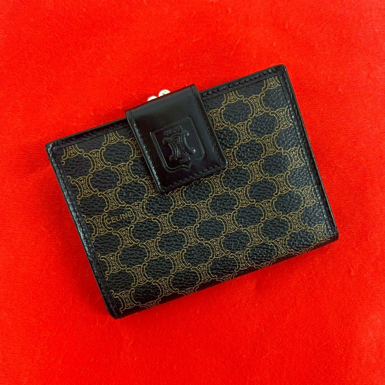 Celine Vintage Macadam Blason Pattern Leather Kiss Lock Bifold Wallet Black