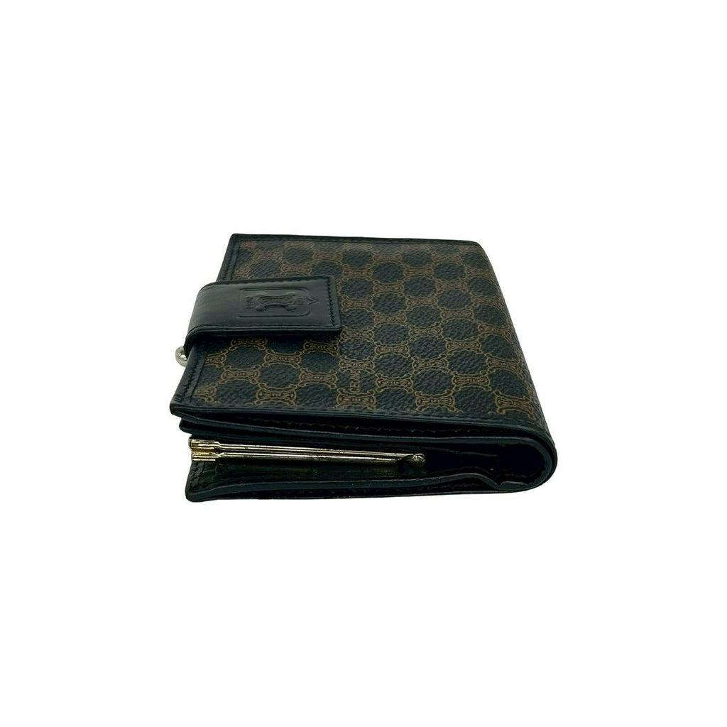Celine Vintage Macadam Blason Pattern Leather Kiss Lock Bifold Wallet Black — view 4